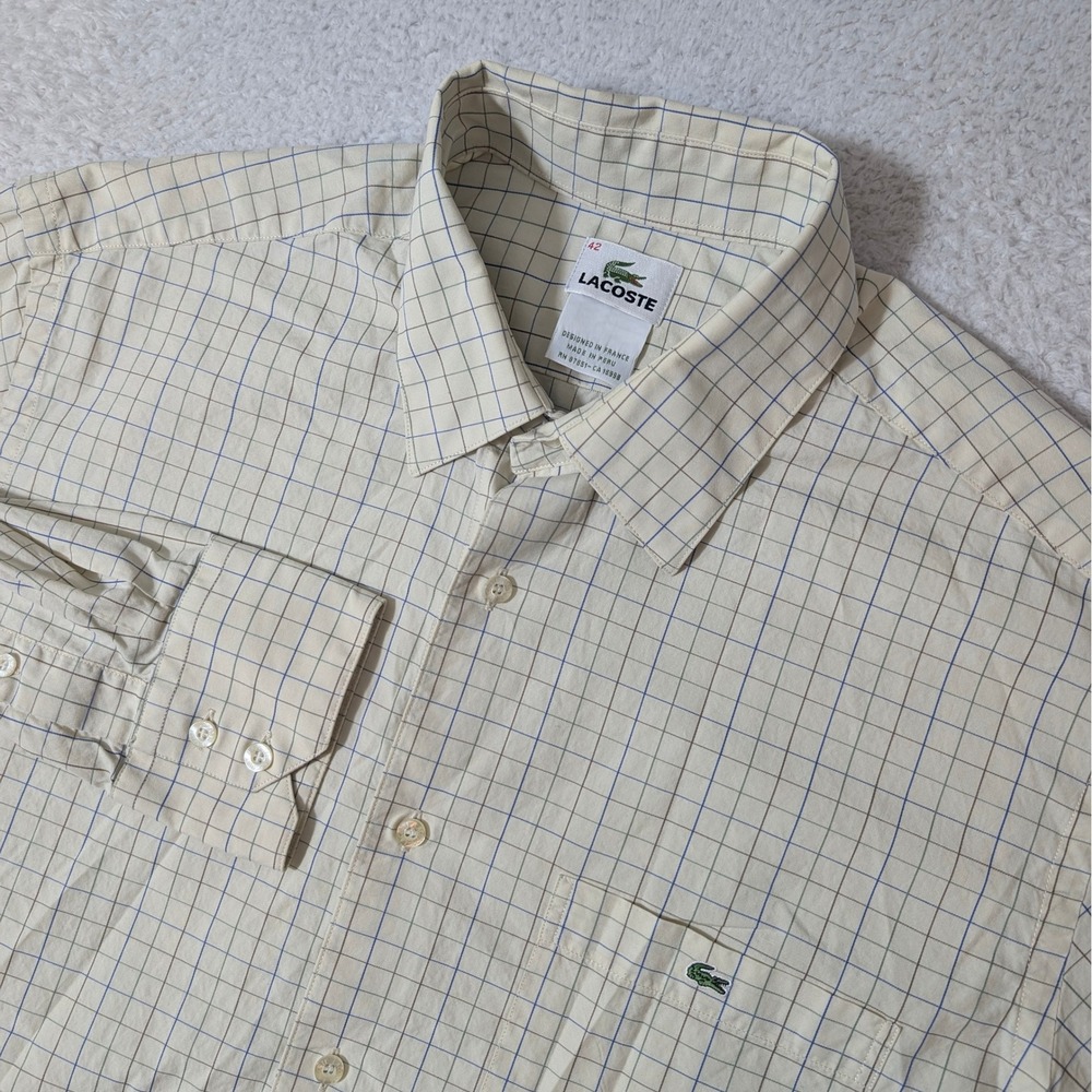 Lacoste Button‎ Down Mens 42 Cream Tattersall Check L/S Pocket Logo Shirt